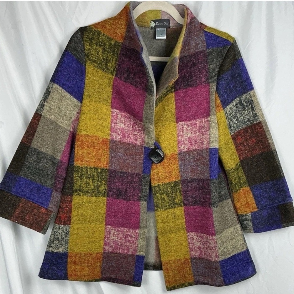 Damee Jacket Womens Small Swing Coat Artsy Fun Big Button 3/4 Sleeves Patchwork✅